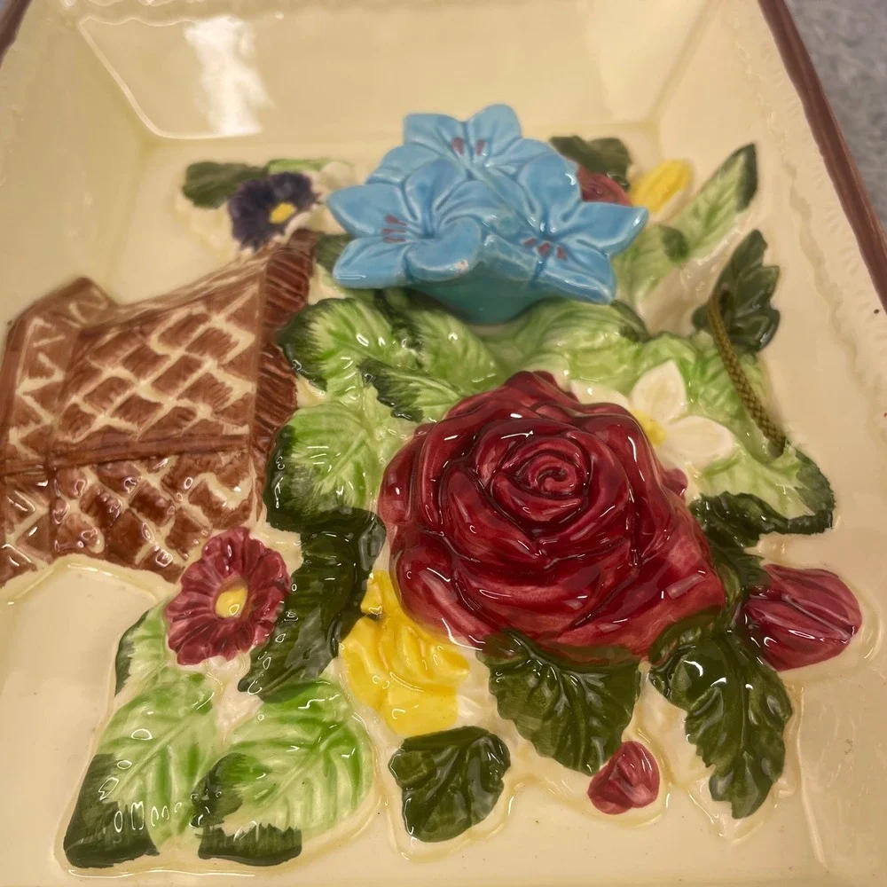 Vintage Japan Ceramic Wall Plaque Framed Basket Floral 3D Dioram Art